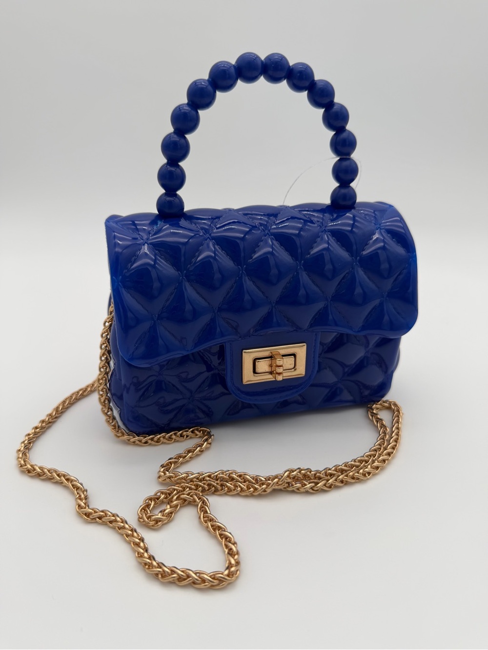 Blue Quilted Top-Handle Crossbody Bag with Gold Chain great quality